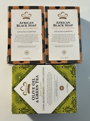 Nubian African Black Soap (acne) 3.5 Oz, 2 Bars + Olive Oil Green Tea 1 Bar
