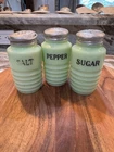Vintage Jeanette Glass Jadeite Shaker Set Salt Pepper Sugar Uranium Glass