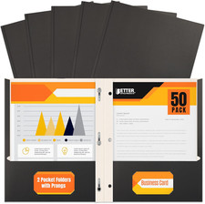 Black Paper 2 Pocket Folders with Prongs, 50 Pack, Matte Texture, Letter Size Pa
