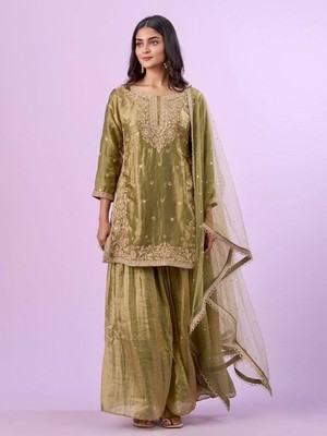 Stylish Look Heavy Silk Green Top Palazzo With Dupatta For Functional Wear