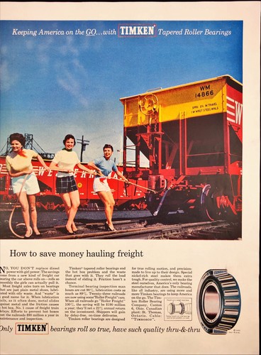 1955 Timken Roller Bearings Print Ad 3 Women in Shorts Pulling Train Car