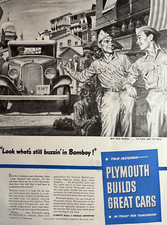 1944 Plymouth WWII Builds Great Cars Bombay Taxi GIs Chrysler Corp VTG Pint Ad