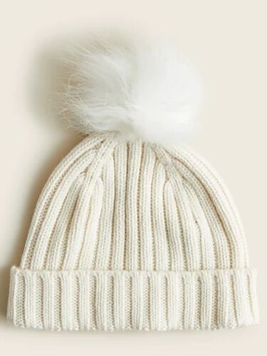 J Crew Womens Beanie Hat Wool Blend Ivory Cream Ribbed Knit Faux Fur Pom Pom - Picture 1 of 6