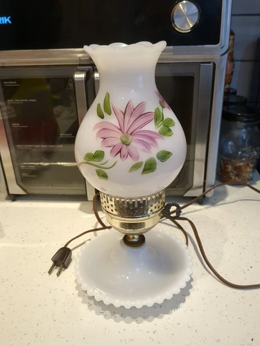 Vintage Hobnail Milk Glass Hurricane Pink Daisy Shade Bedside Lamp Trinket Tray