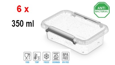 6 x NANOBOX/antibakterielle Wirkung- 0,35 Ltr -15x9,5x4,5cm- Klar/Silber/Glitter