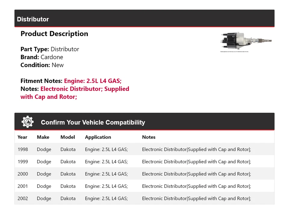 Para Dodge Dakota 1998-2002 2,5 L L4 distribuidor de gas Cardone 1999 2000 2001 Foto 2 de 4