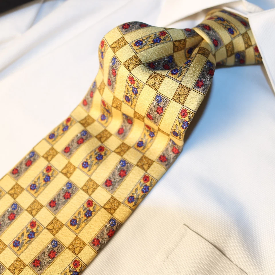 VALENTINO Italy Yellow Red Lavender Floral Geometric Silk Necktie 58"L x 3.75"W - Image 3 of 4