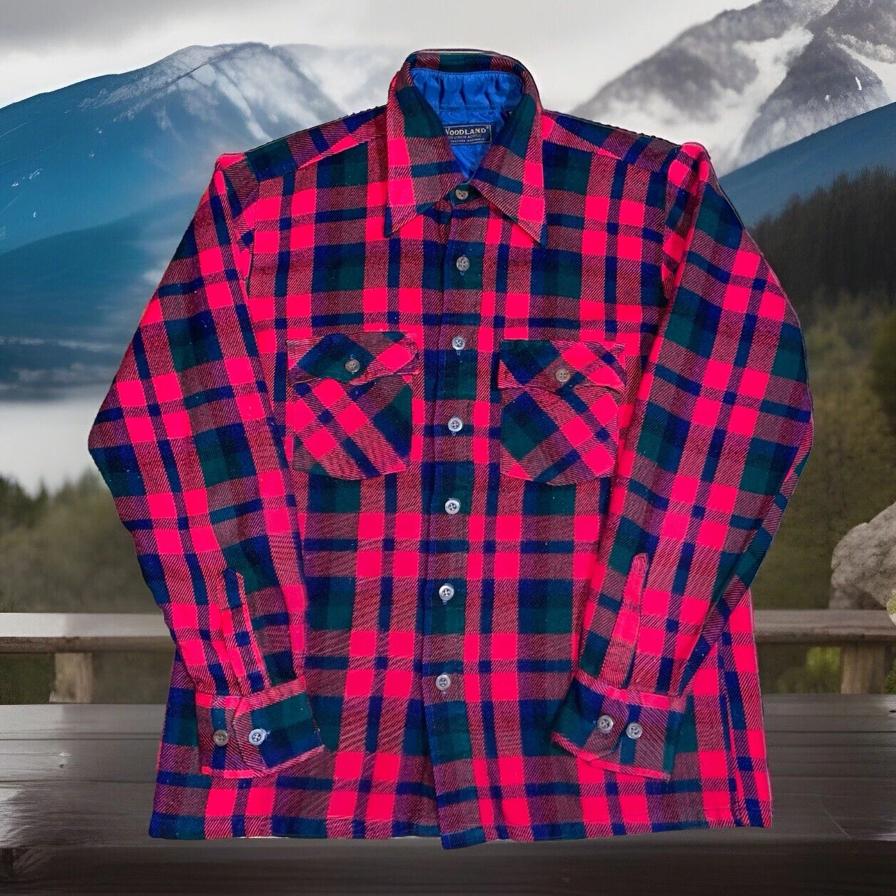 Vintage Woodland Men's Medium Flannel Button Shirt Plaid Virgin Acrylic Pockets