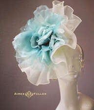 Kentucky Derby Hat Off White Cream Turquoise Aqua Blue Ascot Rose Fascinator