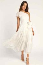 Lulus Shining Sight White Metallic Gold Dotted One-Shoulder Midi Dress Sz S NEW