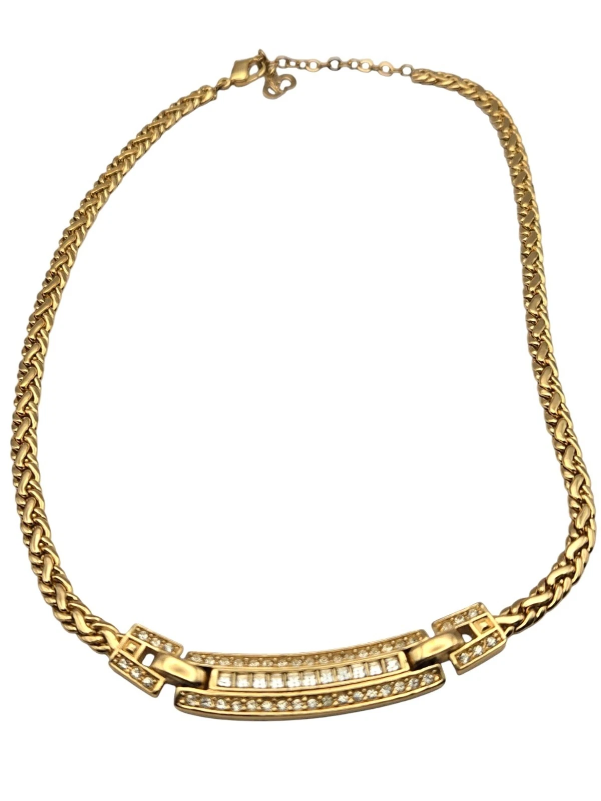 Collana vintage Christian Dior tono oro con strass cristalli catena intrecciata ed ele