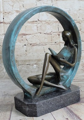 Beautiful Bronze Girl Sitting  Reading Book Statue 9'' tall x 7.5'' x 3.5'' Sale
