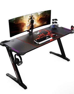 Eureka Ergonomic 60 Inch Z Shape RGB LED Lights Racing Gaming Desk, Black