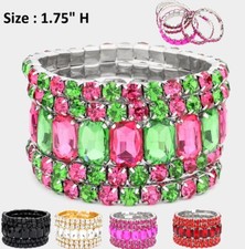 5 Square Crystal Rhinestone Statement Bracelet Stretch Bangle Cocktail Wedding