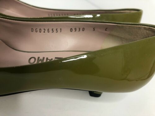 Salvatore Ferragamo Olive Green Patent Leather Kitten Heels Size 5