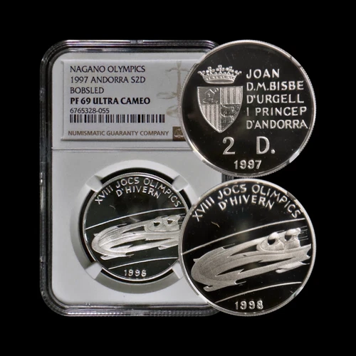 ANDORRA. 1997, 2 Diners, Silver - NGC PF69 - Top Pop 🥇 Olympics, Bobsleigh