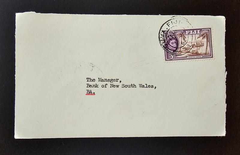 Fiji Cover QEII Postmark BA with Double Rings &SUVA 3d Bank of New South Wales