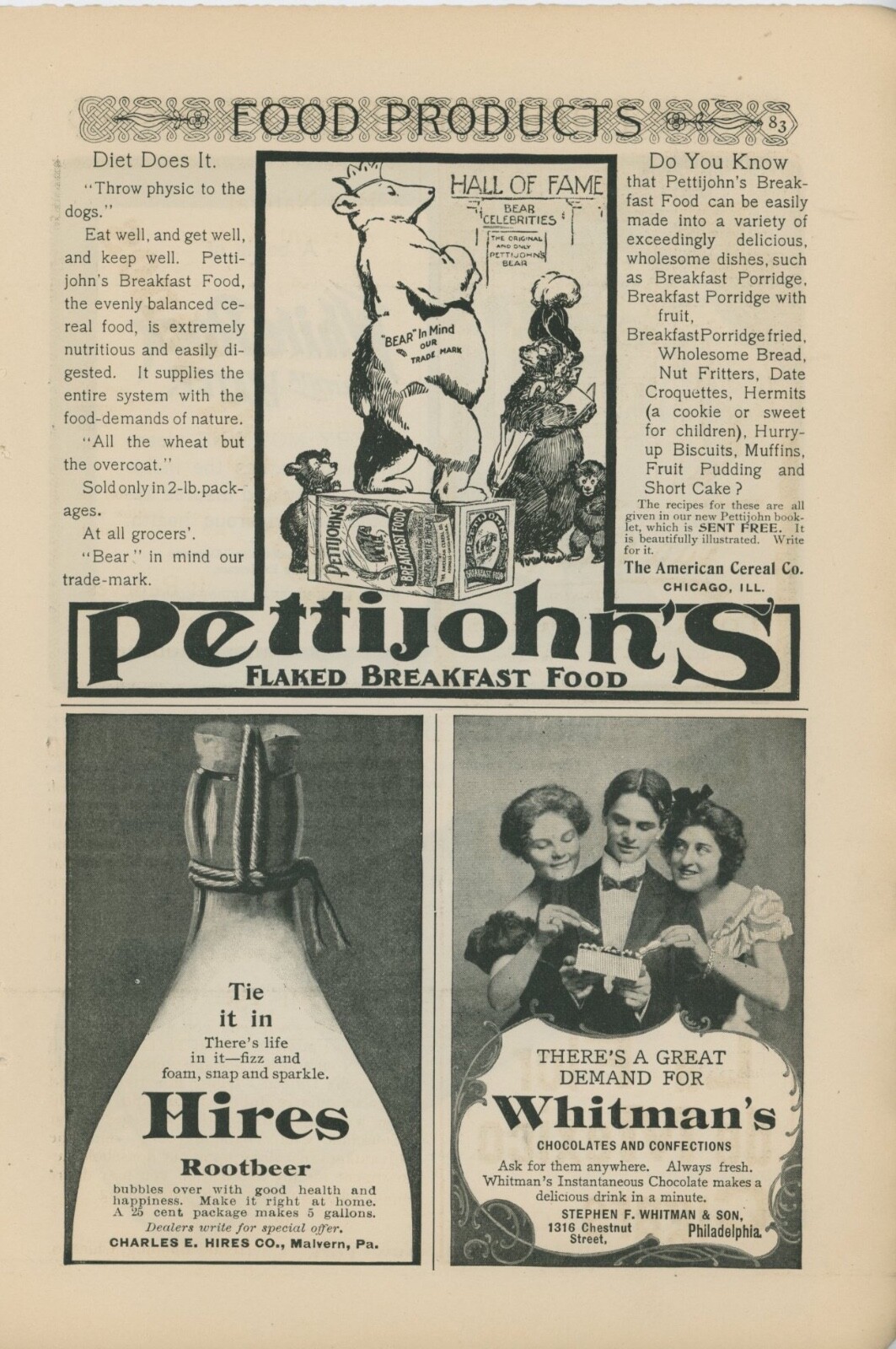 1901 Pettijohns Flaked Breakfast Food Vintage Ad Porridge Cereal Bears ...