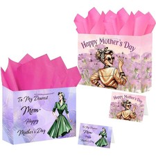 2 Pack Mother's Day Bag with Tissue Paper and Card 12.6" Pink and Purple Gift...