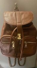 Women s Brown Pebbled Drawstring Backpack, Gold Chain Strap, Zipper Pockets