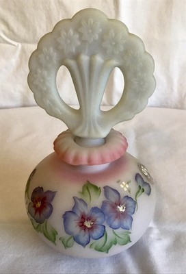 FENTON BLUE BURMESE PERFUME BOTTLE HAND PAINTED HUBISCUS ''LIMITED EDITION''