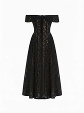 Cider Lace Sculptural Off-Shoulder Knotted Flared Maxi Dress Black Size M