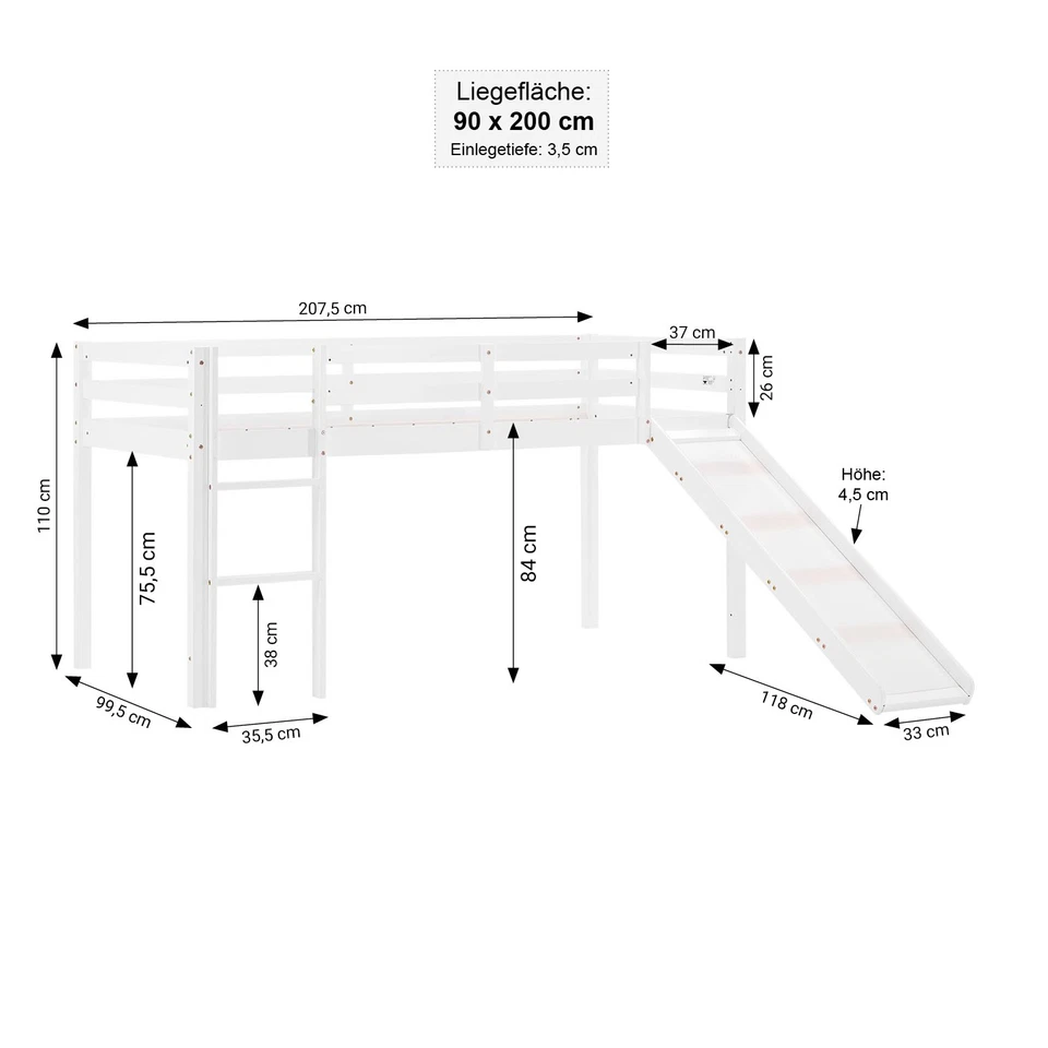Lit Enfant Mezzanine Jeux Superposé Blanc en Bois 90x200 cm Toboggan Homestyle4u - Photo 3/4
