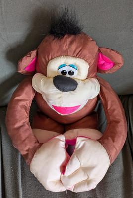 Fisher Price Monkey Chattering Chimp Vintage 1994 Nylon Brown Pink Plush Stuffed