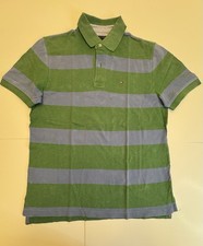 Tommy Hilfiger Green  Blue Striped Polo Shirt Men's Medium Short Sleeve