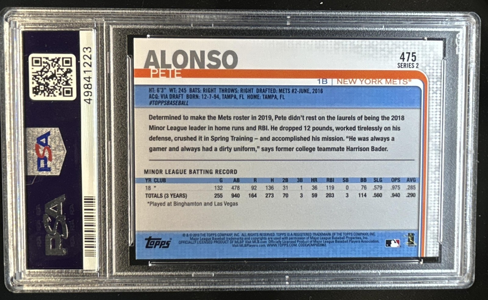 2019 Topps Pete Alonso Rookie RC #475 Mets PSA 10 GEM MINT view 2