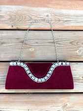 Vtg Burgundy Velvet Rhinestone Clutch Shoulder Bag Handbag Gala Evening Purse