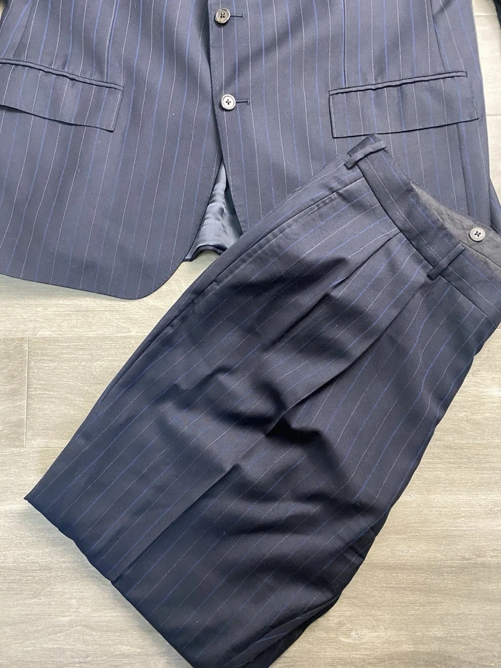 Polo por Ralph Lauren Hecho en Italia 2 Botones Rayas Lana Traje 46 R Pantalones 38x30 Foto 2 de 4