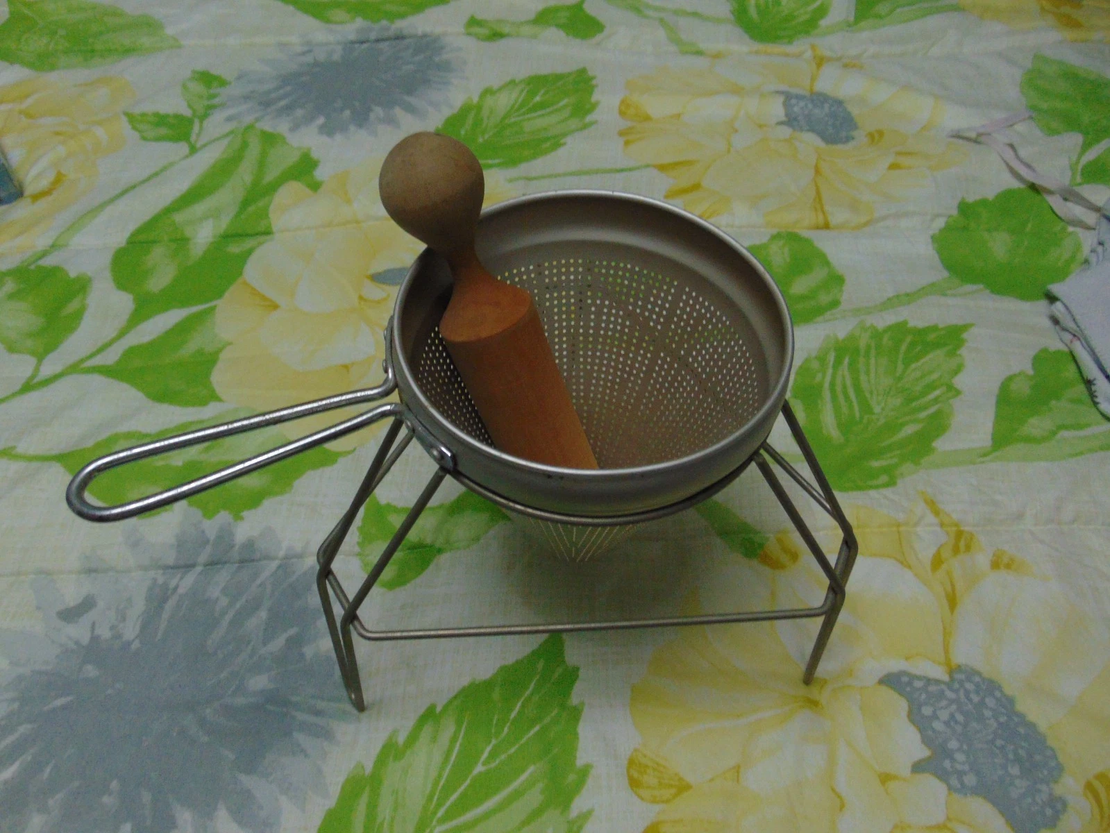 Vintage Stainless Strainer Sieve With Wooden Pestle & Stand Colander