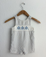 Vintage baby boy Sailboat Embroidered Romper Button 12M