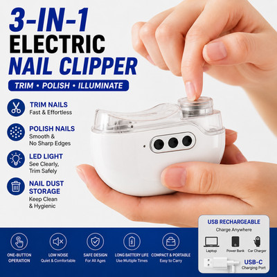 3-in-1 Electric Nail Clipper USB Rechargeable Automatic Nail Trimmer with LED