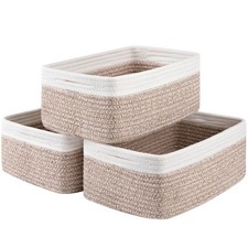 3 Pack Small Storage Baskets 13x8.66x5.11 Inch Woven Bin Organizer Brown White
