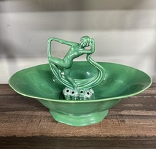 Vintage Art Deco Woman Flower Frog Bowl. 11  x7  Green Ceramic. Art Nouveau