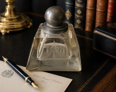 Antique Art Deco Glass Inkwell Pewter Orb Lid Frosted Etched Desk