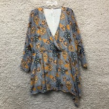 Free People Dress Extra Small Blue Orange Floral Tunic Womens Boho V Neck Casual