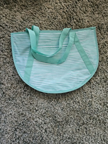 Thirty-One Round Utility Tote Bag, Mint Green & White Striped