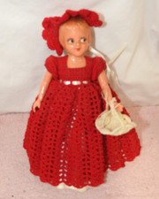Vintage Plastic Doll with Crocheted Red Dress, Hat Basket - 7.5" Tall