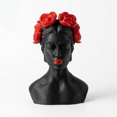 Frida Kahlo Deko Büste schwarz mit roten Blumen Kunst.