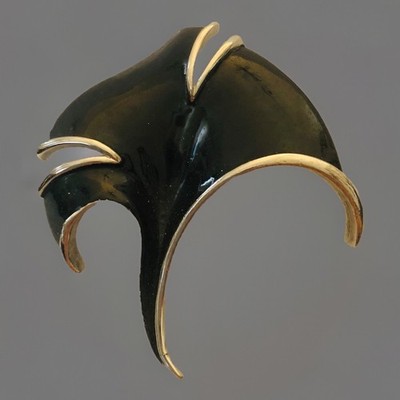 Rare Black Enamel Brooch Modernist Stingray Flower 2.5 X2  Riveted Pin Shiny