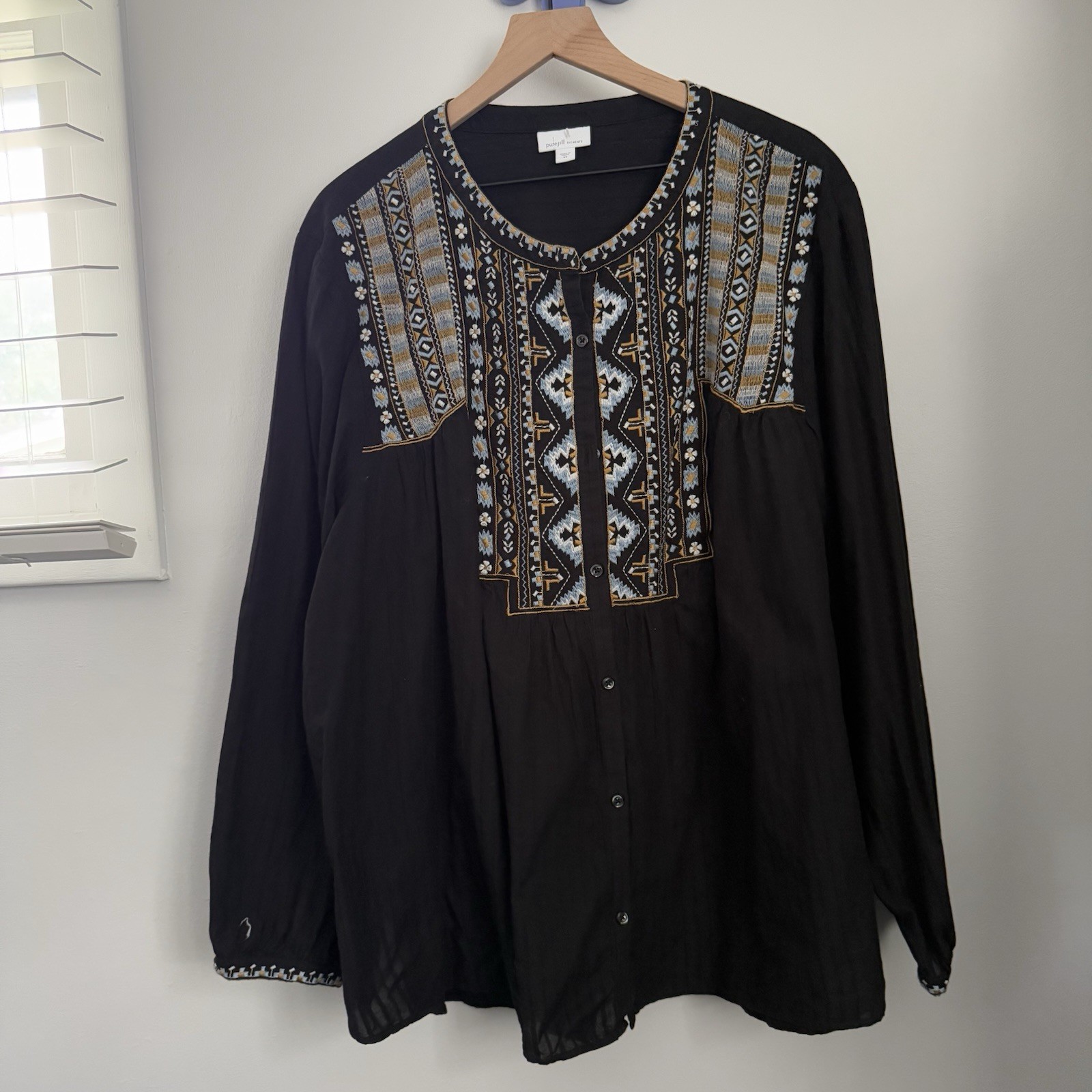 J.Jill 4X Black Aztec Embroidered Tunic Top Button Up Long Sleeve Boho Tribal