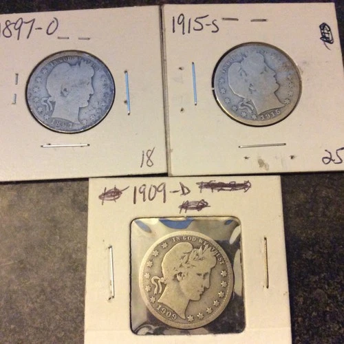 3 BARBER QUARTERS SILVER 1897-O 1909-D 1915-S BETTER DATES
