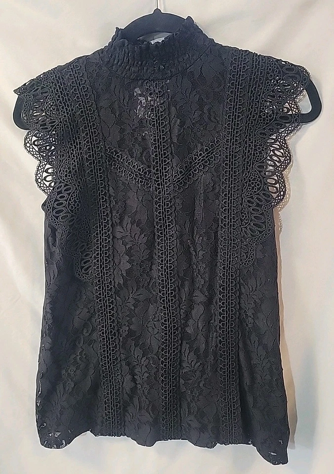 Camiseta sin mangas de encaje con cuello alto y calibre Cable & Gauge negra forrada XS Foto 4 de 4