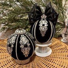 Set Of 2 Black Flocked Velvet Holiday Christmas Ornaments Balls Silver Handmade
