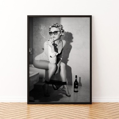 Girl Smoking on Toilet Poster B&W Wall Art Woman Bathroom Decor No Frame