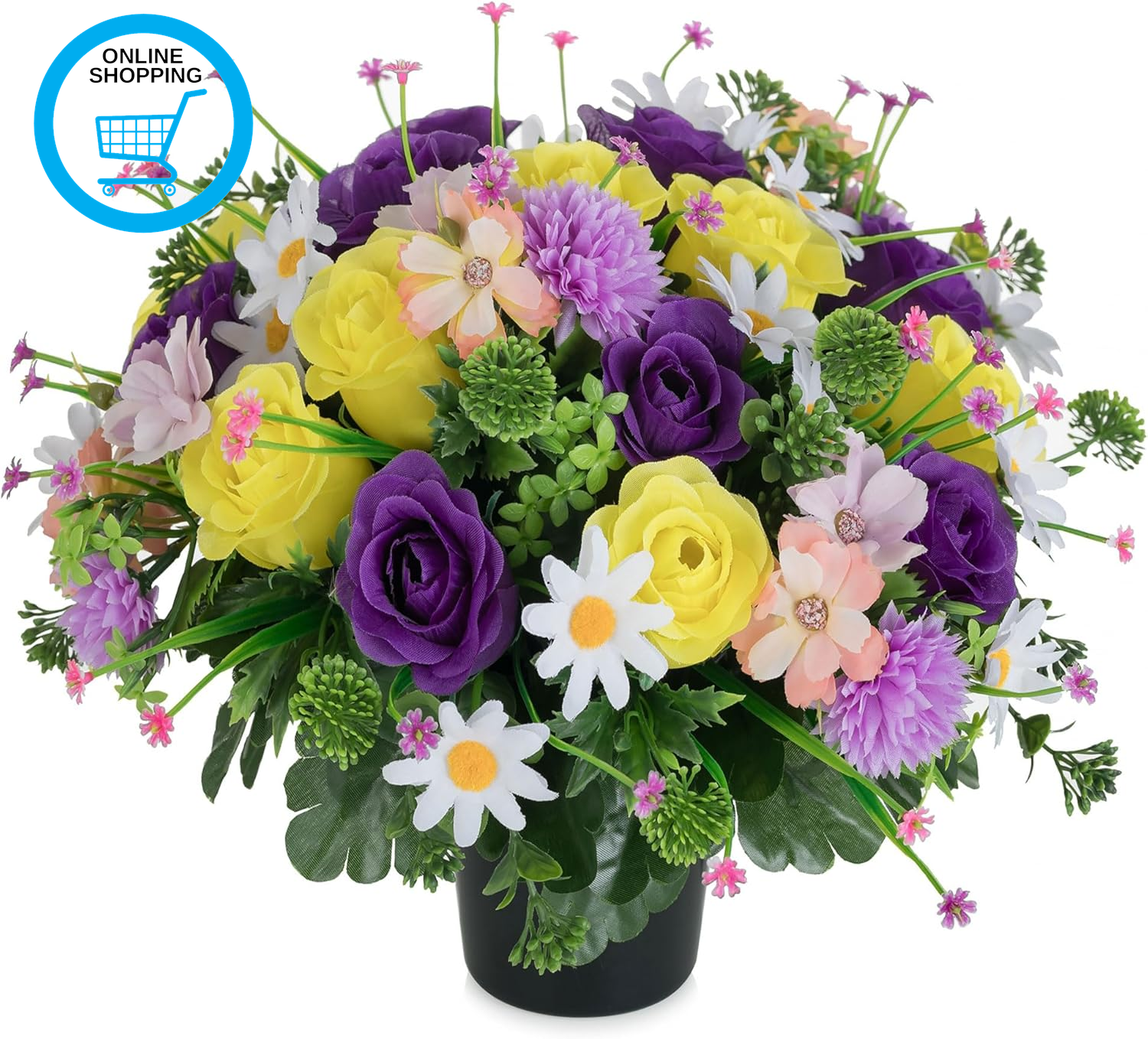 Artificial Flowers for Graves Pots: Purple Yellow Roses Grave Flower Pots Spring
