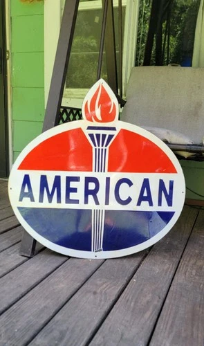 American Gasoline Vintage porcelain sign old Standard Amoco Flame Torch